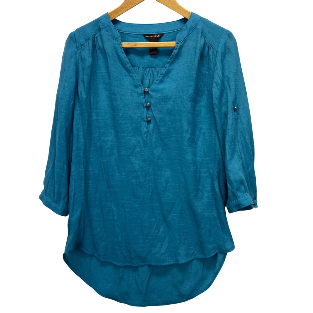 Bit & Bridle Teal Blue V-Neck Tunic Shirt Roll Tab Sleeve Women's Size S